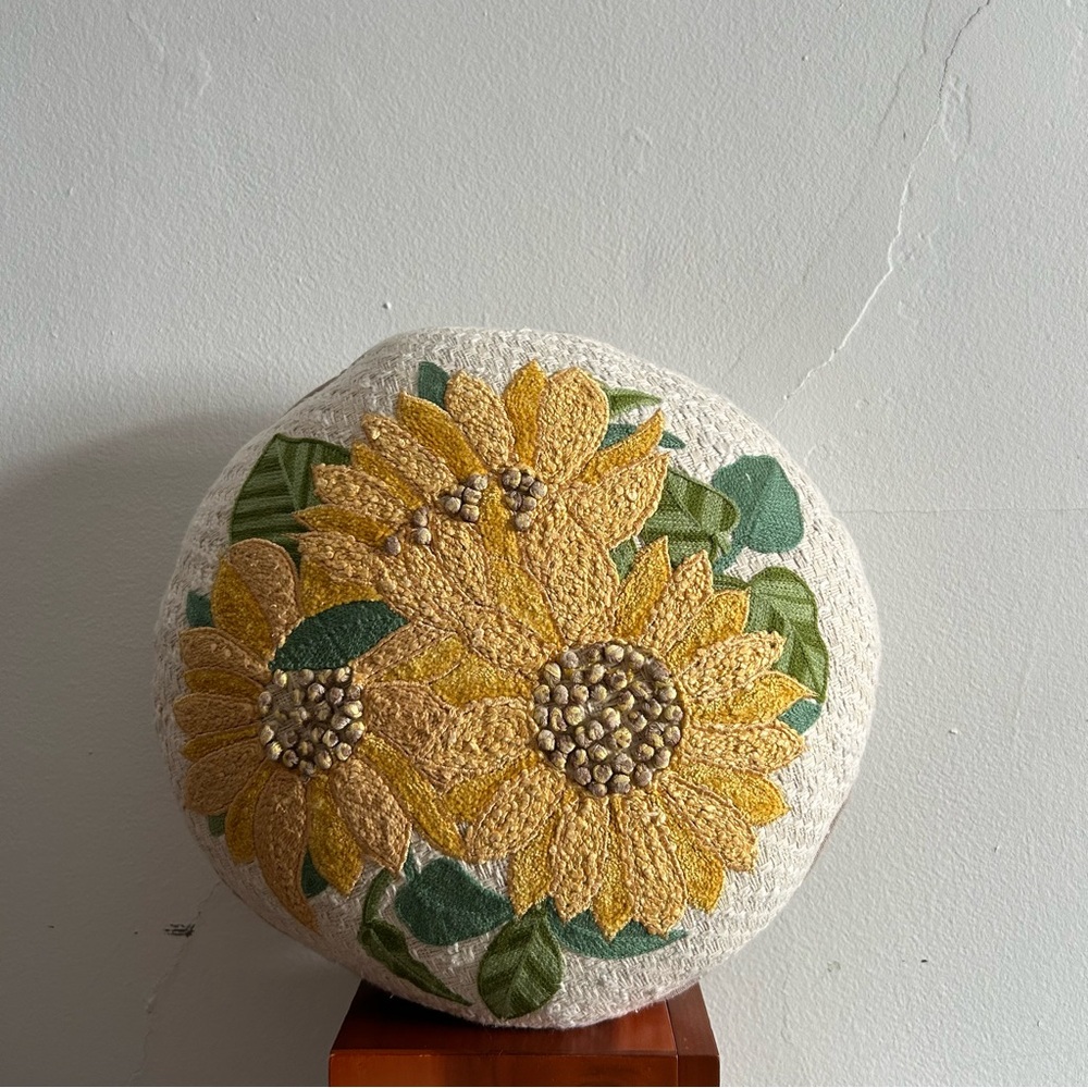 Shabby Chic Farmhouse Sunflower Tweed Round Pillow Boho Cottage Farm